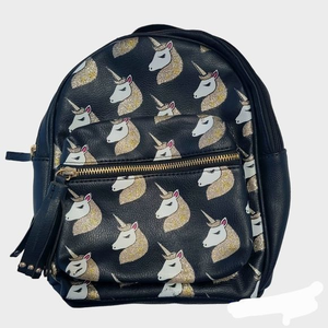 Unicorn small backpack size 10 by 11 inches adjustable straps black gold glitter